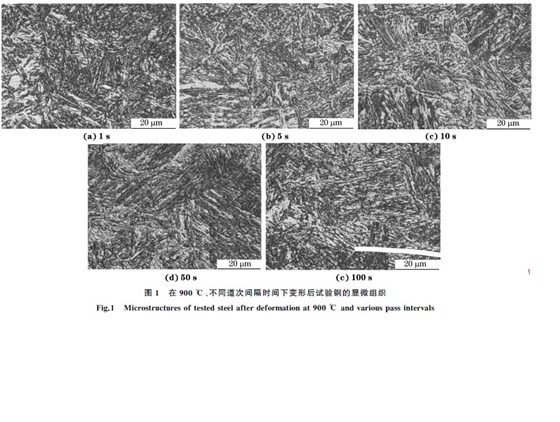 圖１ 在９００ ℃、不同道次間隔時間下變形后試驗鋼的顯微組織