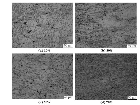 圖４ 在９８０ ℃、應變速率為０．０１０s－１下壓縮至不同應變量后GH４１６９合金的顯微組織