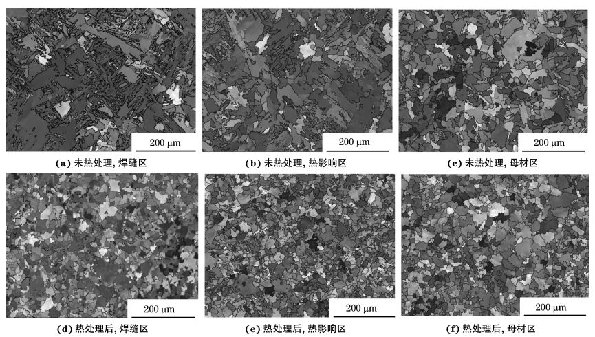 圖２ 熱處理前后焊接接頭焊縫區、熱影響區和母材區的取向成像圖