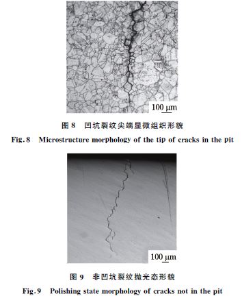 圖8 凹坑裂紋尖端顯微組織形貌 圖8 凹坑裂紋尖端顯微組織形貌